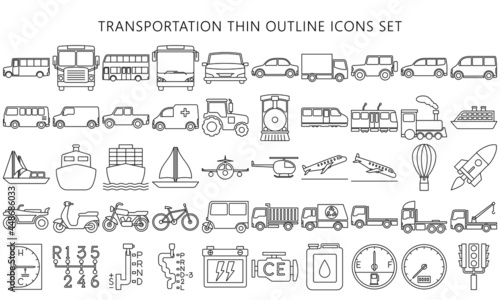 Simple Set of Public Transport Related Vector Line Icons, transportation symbol illustration. car, train, boat, truck, plane, balloon. Used for modern concepts, web, UI, UX kit and applications
