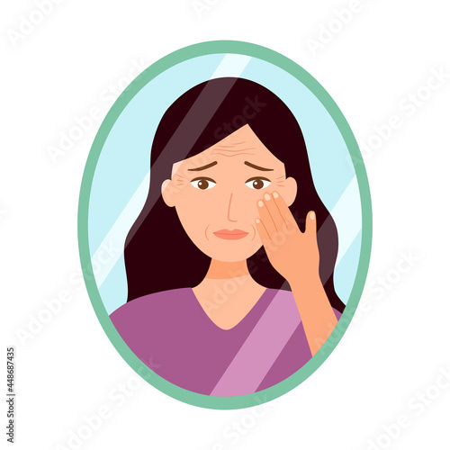Young woman looking in mirror worrying about her wrinkle on face in flat design. Wrinkle aging problem on female skin.