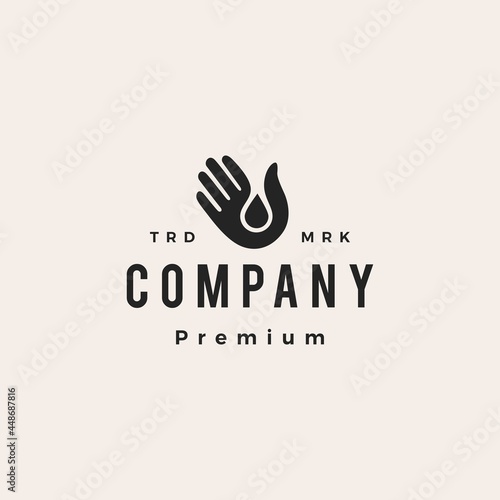 hand water drop wash clean blood oil care hipster vintage logo vector icon illustration