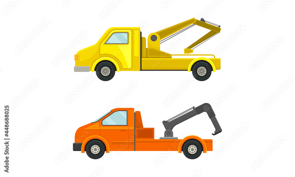Tow Truck or Wrecker as Lorry Moving Disabled or Improperly Parked Motor Vehicle Vector Set Tow Truck or Wrecker as Lorry Moving Disabled or Improperly Parked Motor Vehicle Vector Set