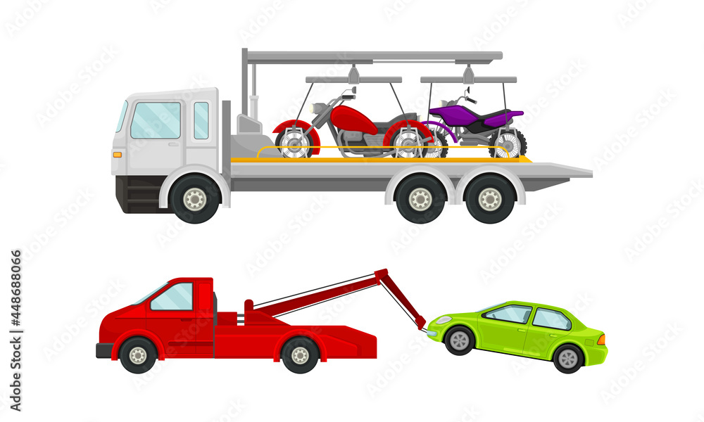 Tow Truck or Wrecker Moving Disabled or Improperly Parked Motor Vehicle Vector Set Tow Truck or Wrecker Moving Disabled or Improperly Parked Motor Vehicle Vector Set