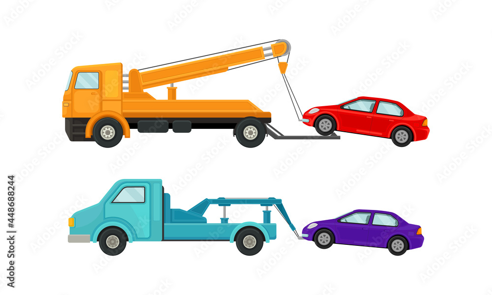 Tow Truck or Wrecker Moving Disabled or Improperly Parked Motor Vehicle Vector Set