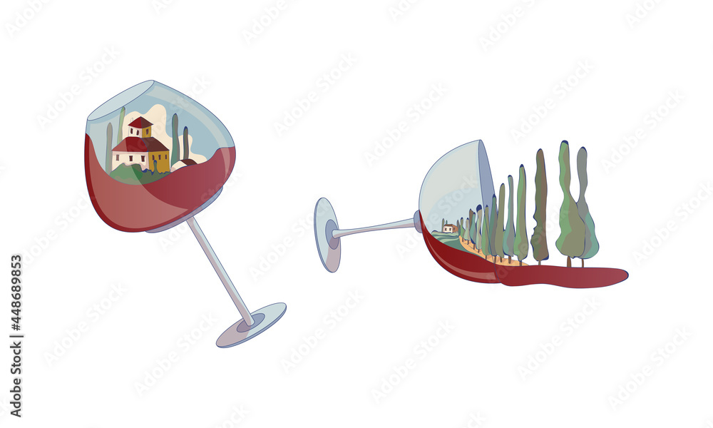 Stemware or Wine Glass with Bowl and Vineyard Scene Inside Vector Set Stemware or Wine Glass with Bowl and Vineyard Scene Inside Vector Set