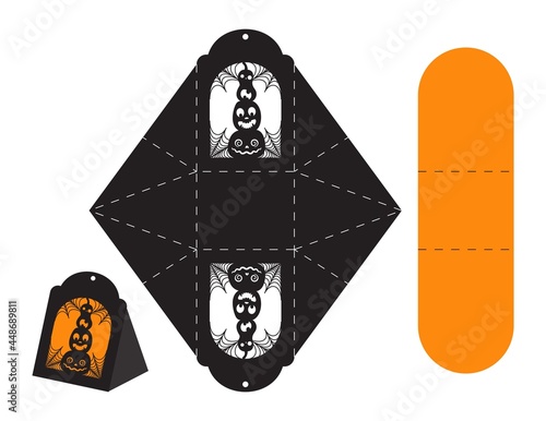 Happy Halloween treat box. Gift party favor box for sweets, candies, small presents, bakery. Simple packaging die cut template for laser cut with jack o lantern pumpkin heads.