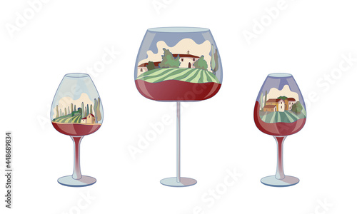 Stemware or Wine Glass with Bowl and Vineyard Scene Inside Vector Set