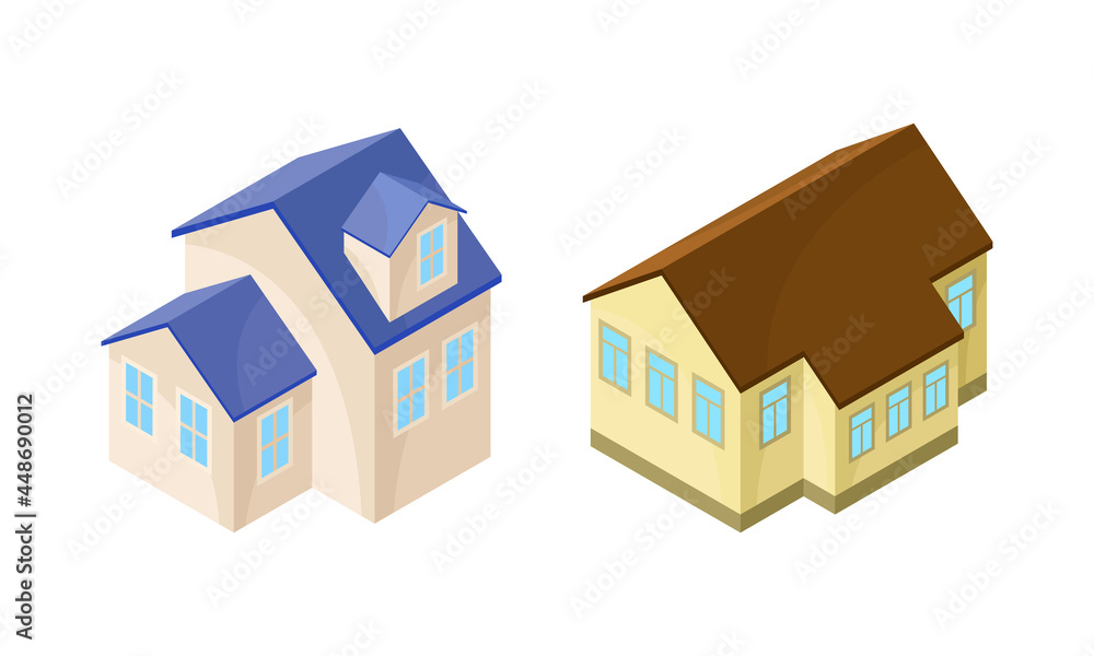 Detached House or Residence as Free-standing Building Isometric Vector Set Detached House or Residence as Free-standing Building Isometric Vector Set