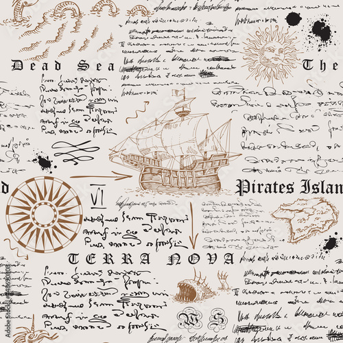 Vector image of a seamless texture in the style of a medieval nautical record of the captain's diary engraving sketch