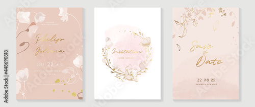 Abstract art background vector. Luxury invitation card background with golden line art flower and botanical leaves, Organic shapes, Watercolor. Vector invite design for wedding and vip cover template.