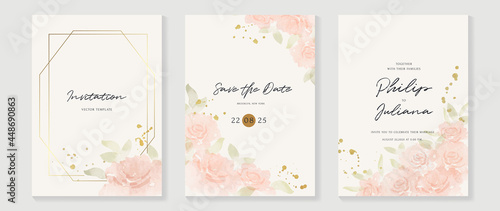 Abstract art background vector. Luxury invitation card background with golden line art flower and botanical leaves, Organic shapes, Watercolor. Vector invite design for wedding and vip cover template.