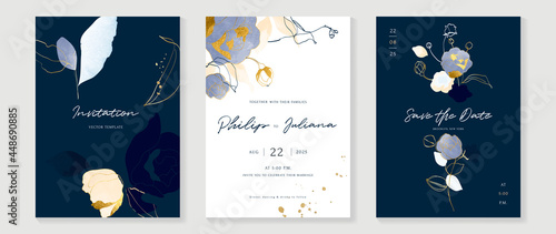 Abstract art background vector. Luxury invitation card background with golden line art flower and botanical leaves, Organic shapes, Watercolor. Vector invite design for wedding and vip cover template.