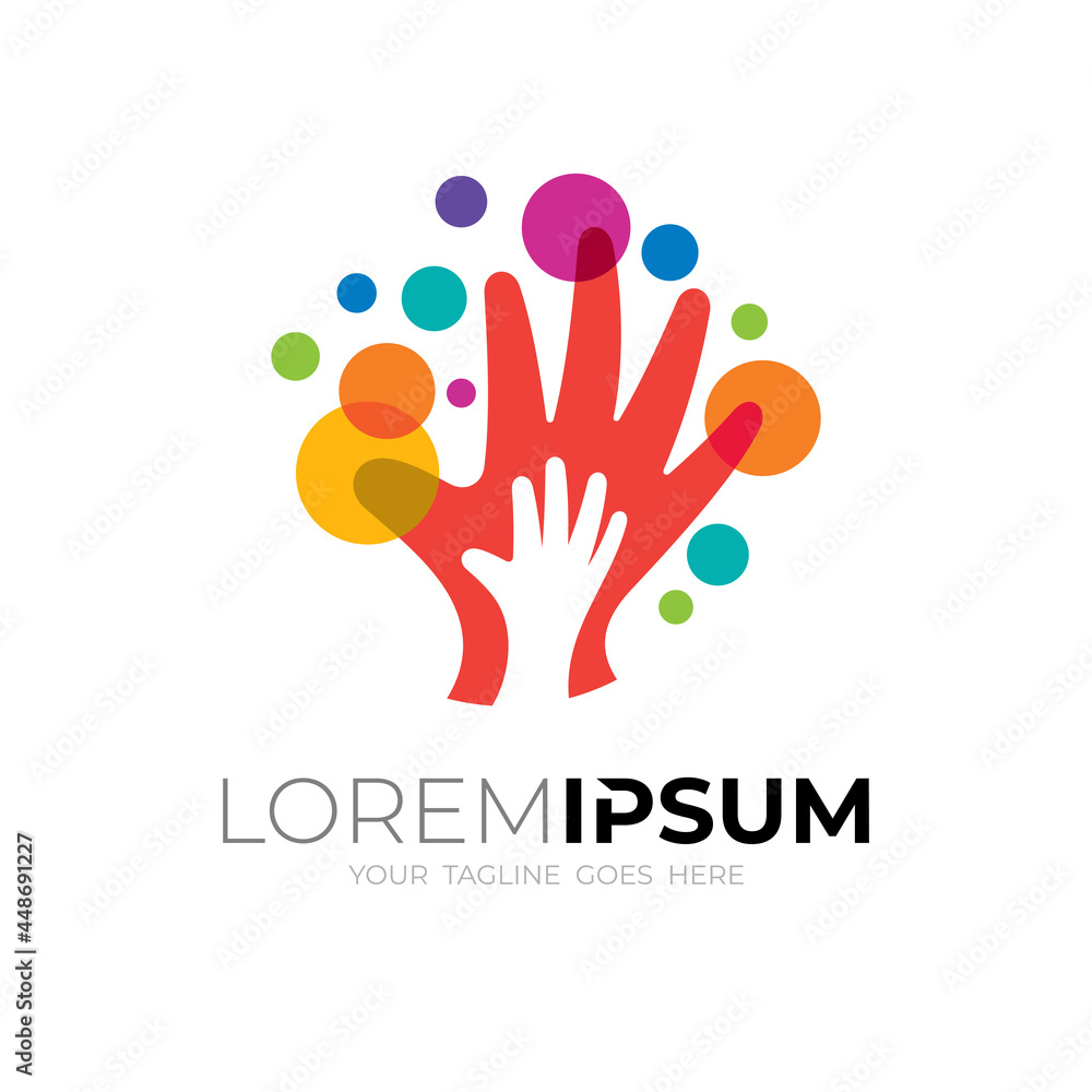 Tree logo with charity design vector image, hand care Tree logo with charity design vector image, hand care