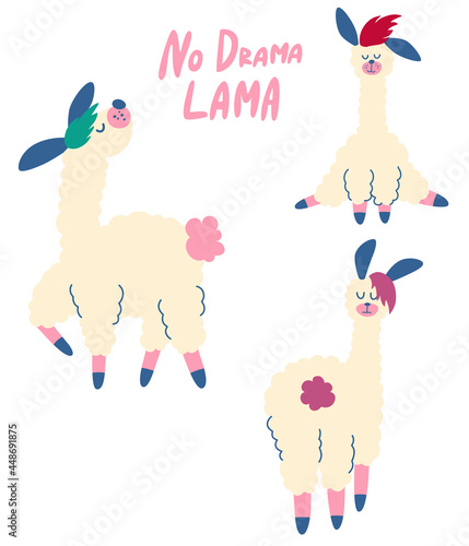 Set of funny llamas and alpacas. Cute hand drawn characters. Perfect for decorative elements for your design of a postcard, poster, wrapping paper, textiles. Vector Illustration isolated