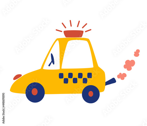 Cartoon taxi. Yellow car. Urban transport. Vector illustration in flat style isolated on white background.