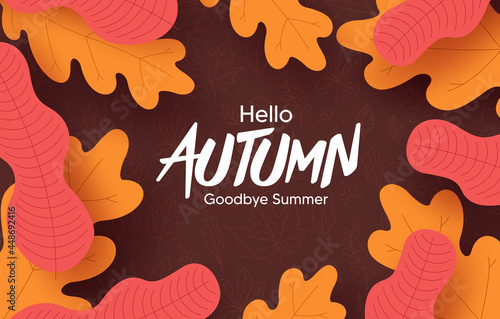 Autumn vector background design. Hello autumn greeting text with orange and yellow leaves element for fall season in doodle background. Vector illustration  