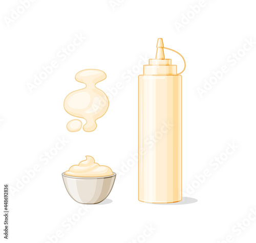 Bottle with mayonnaise, splashes and a saucepan with a sauce set in the style of a cardboard on a white isolated background. Vector illustration for your design