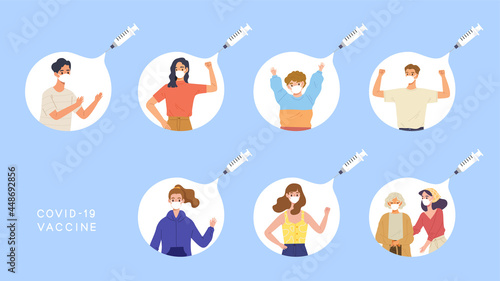 Set of different ages people are safe in the vaccine bubble from syringe. Concept of herd immunity, vaccination, COVID-19 prevention, isolation, health care, epidemic. Flat vector illustration.