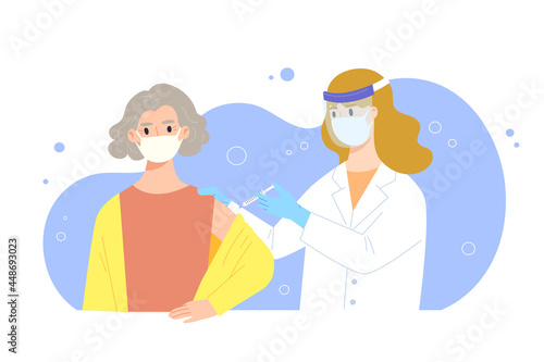 Old woman get vaccinated by physician. Covid-19 vaccine. Concept of vaccination, injection, prevention, herd immunity, health care. Flat vector illustration character.