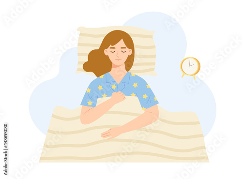 Young woman sleeping on the bed. Female lying on comfortable bed. Concept of healthy sleeping, resting, relaxation, good dream, sleep well, bed time, get enough sleep. Flat vector illustration.