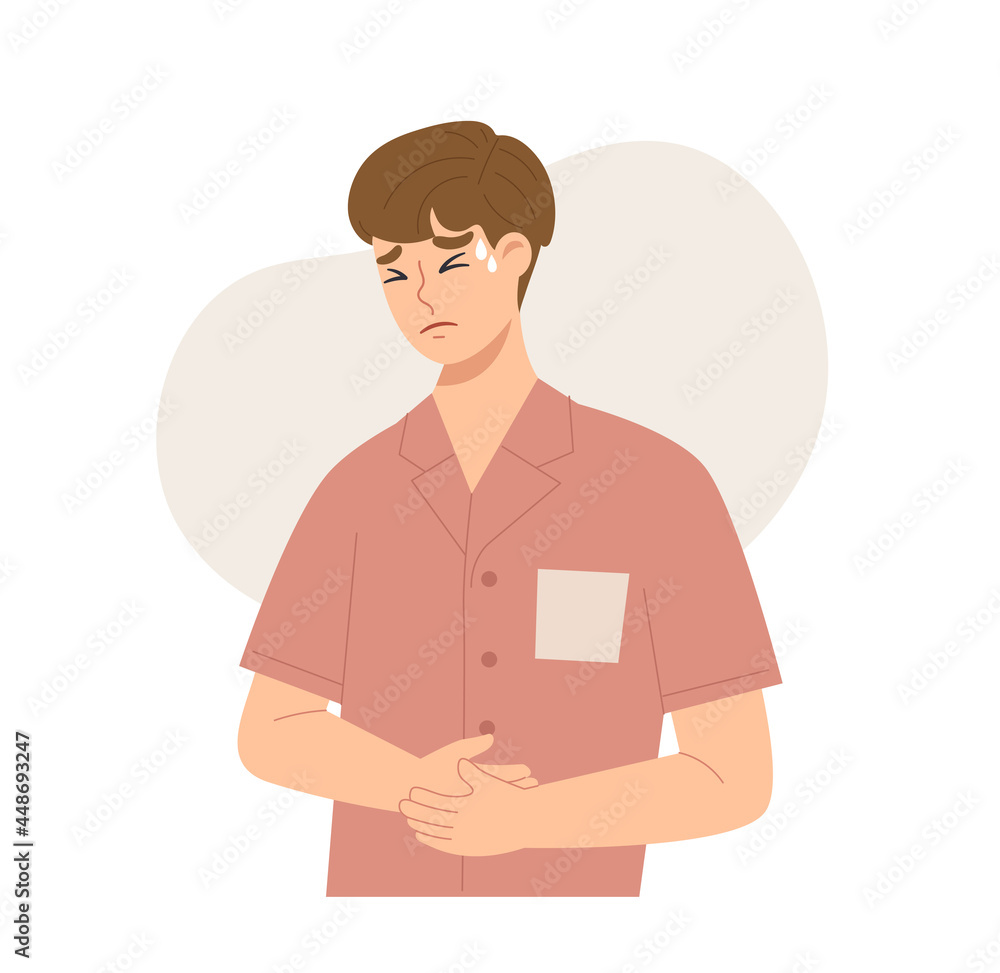 Young man having a stomachache or food poisoning symptom. Tummy pain gesture. Concept of sickness, illness, internal organs disfunction, health care, medicine. Flat vector illustration character.