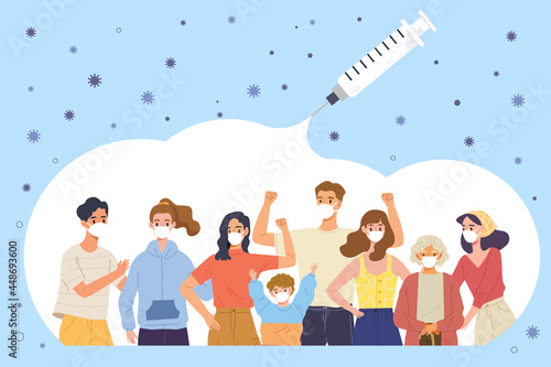 Herd immunity; group of diverse and different age people wearing mask in a bubble of vaccine. Concept of COVID-19 vaccination, controlling coronavirus epidemic, prevention. Flat vector illustration.