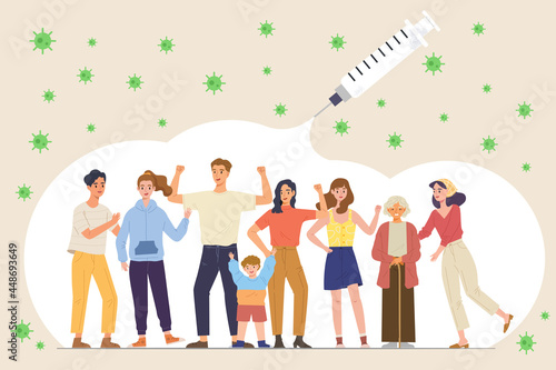 Group of people in the bubble of COVID-19 vaccine. Concept of herd immunity, vaccination, health care and medicine, coronavirus epidemic, community, prevention. Flat vector illustration characters.