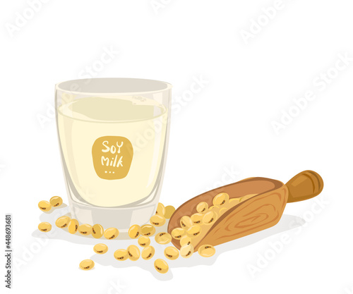 A glass of soy milk with soybeans in a wooden big spoon isolated on white background. Vector illustration.