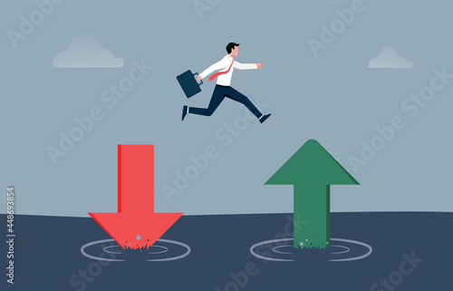 Businessman jump from red pointing down arrow to green rising up. Saving and investment or stock market rebound and economic recover concept