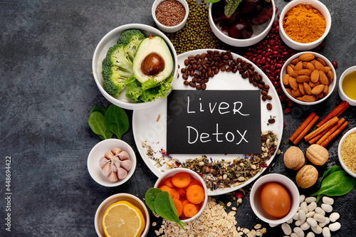 Best products for healthy liver on dark gray background. Clean eating concept.
