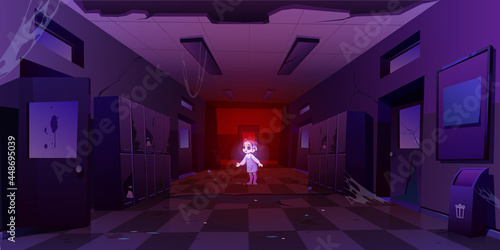 Girl ghost in old dirty school hallway at night