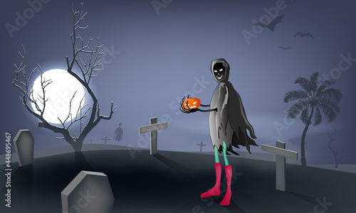 Halloween, Devil holds a pumpkin in the graveyard on a spooky night. Vector illustration.