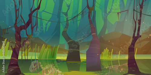 Swamp in forest with dinosaur skeleton fossils