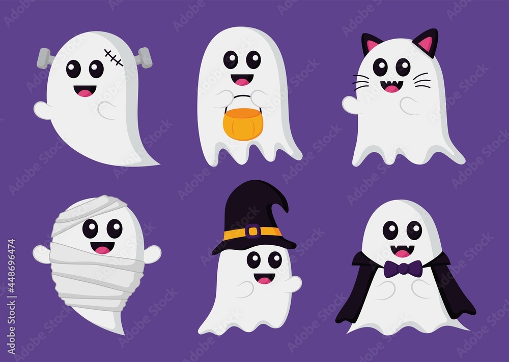 cute funny ghosts in halloween costumes set isolated on purple background. vector illustration.