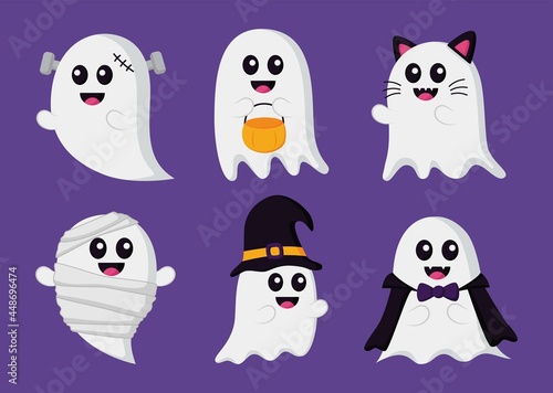 cute funny ghosts in halloween costumes set isolated on purple background. vector illustration.