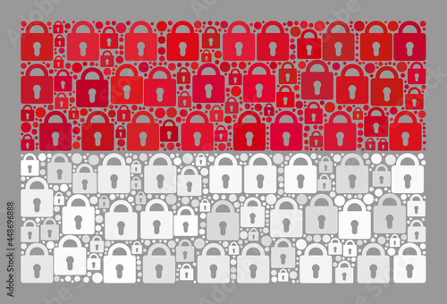 Mosaic secret Indonesia flag constructed of lock icons. Vector mosaic rectangular Indonesia flag done for secret purposes. Designed for political or patriotic collages.