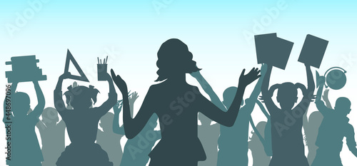 Happy teacher on background of cheerful crowd of school children or pupils with school supplies. Silhouette. Vector illustration