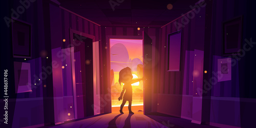 Girl open door entering home at sunset