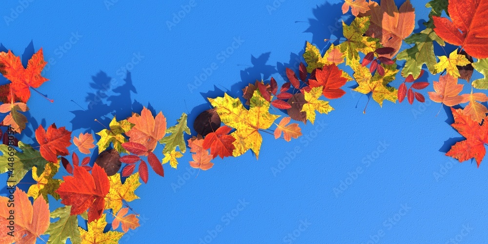 Fototapeta premium Bright multicolored autumn leaves on a blue background. Place for your text. 3d illustration