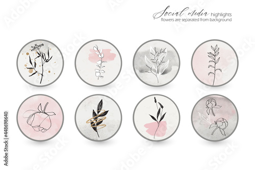 Instagram social media highlight cover icons, web button. minimal simple hand drawn outline feminine romantic floral flower leaf infographic in pink, black. set of round circle vector symbol, emblem