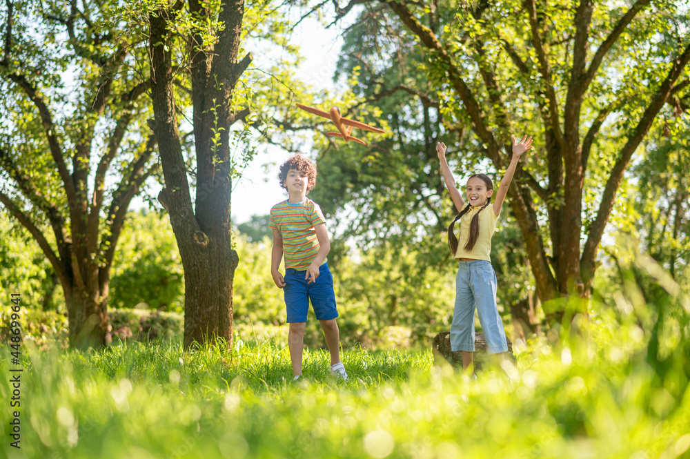 Obraz premium Children playing toy airplane in park