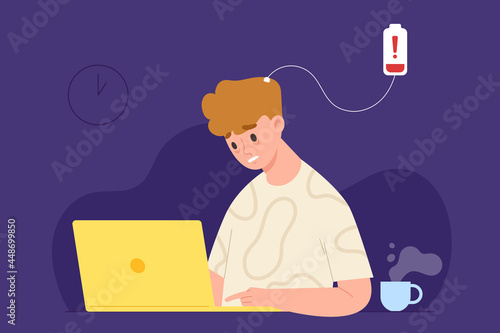 Tired man working late at night with low battery of life. Concept of overloaded working, exhaustion, workload, not getting a wink of sleep, stressed. Flat vector illustration cartoon character.
