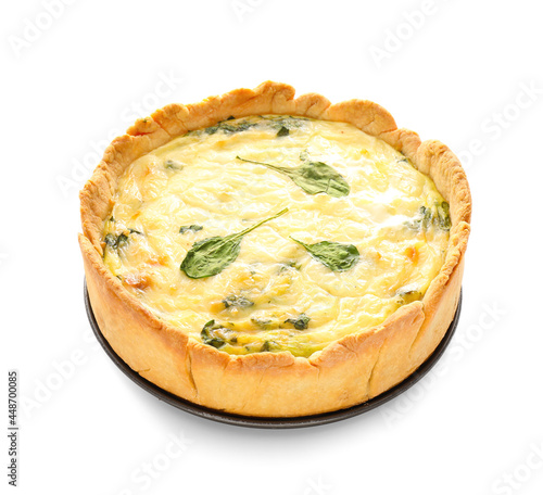 Tasty spinach tart on white background photo