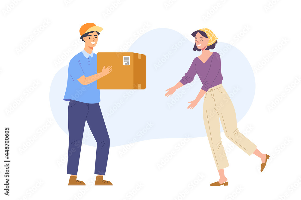 Young delivery male sending parcel box to happy customer. Concept of delivery service, online shopping, e-commerce, shipping to home. Flat vector illustration character.