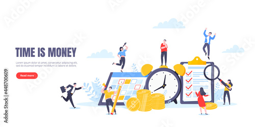Time is money or saving money business concept. Tiny people working with clock, calendar schedule and checklist symbol. Time management flat style vector illustration isolated on white background.