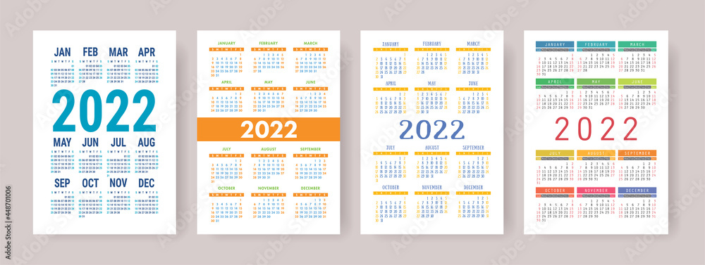 Naklejka premium Calendar 2022 year set. Vector template collection. Simple design. Week starts on Sunday. January, February, March, April, May, June, July, August, September, October, November, December