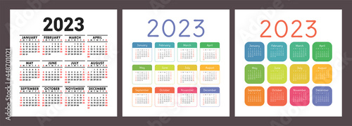 Calendar 2023 year. English colorful vector set. Square wall or pocket calender template. Design collection. New year. Week starts on Sunday