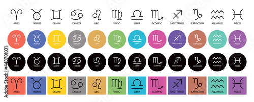 Zodiac signs: aquarius, libra, leo, taurus, cancer, pisces, virgo, capricorn, sagittarius, aries, gemini, scorpio. Astrological calendar collection, zodiacal color vector horoscope