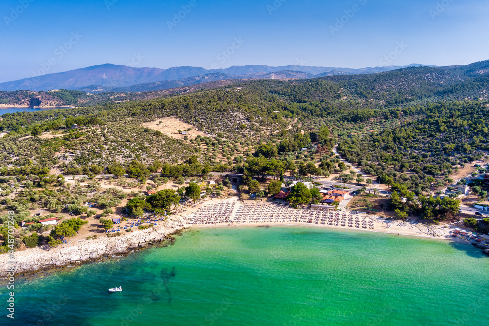 Aerial View of the Psili Ammos beach, at Thassos island, Greece