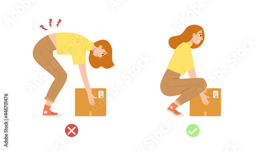 Illustration showing correct posture to lift heavy object safely. Concept of back and spine care, health care, physical body position. Flat vector illustration cartoon character.