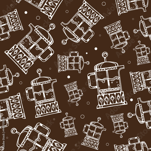 Vector seamless pattern on the theme of a tea and coffee shop. Hand-drawn illustration (vector) of a white french press teapot on a brown background. For wallpaper, wrapping paper, fabric, prints.