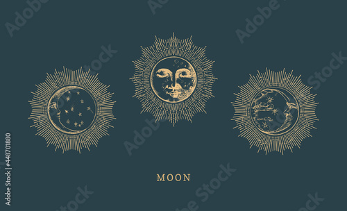 Set of Moon drawings with halo in engraving style.